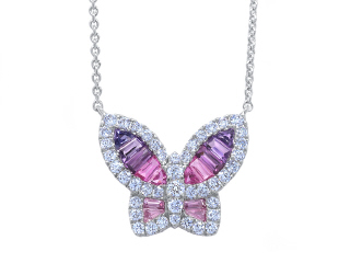 18kt white gold ombre purple/pink sapphire and diamond butterfly pendant with chain.