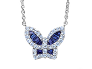 18kt white gold petite blue sapphire and diamond butterfly pendant with chain.