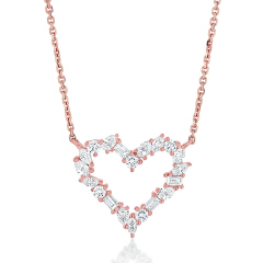 14kt rose gold mixed shape diamond heart pendant with chain.