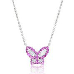 18kt white gold petite diamond butterfly pendant with pink sapphire border and chain.