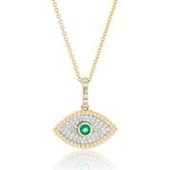 14kt yellow gold diamond & emerald twisted rope edge evil eye pendant with chain