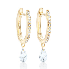 14kt yellow gold diamond hoop earrings with pear shape diamond drops.