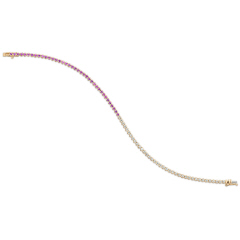 14kt yellow gold pink sapphire and diamond tennis bracelet.
