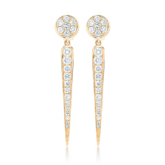 14kt yellow gold dagger style hanging diamond earrings.