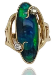 14kt yellow gold opal triplet and diamond ring