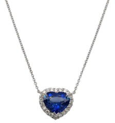 18kt white gold heart shape sapphire and diamond halo pendant with chain