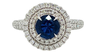 18kt white gold double halo diamond and sapphire ring