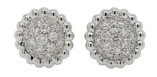 18kt white gold pave diamond ball earrings with beaded edge.