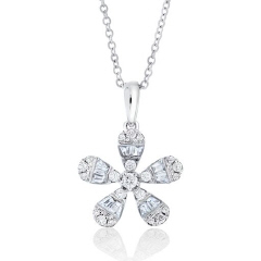 14kt white gold petite round and baguette diamond flower pendant with chain.