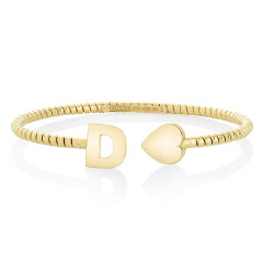 18kt yellow gold cuff bangle bracelet with all gold "D" initial and puff heart ends.