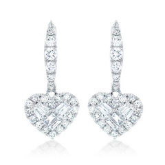 18kt white gold hanging heart shape illusion diamond earrings.