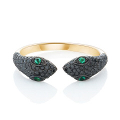 14kt yellow gold pave black diamond and emerald snake ring with black rhodium.