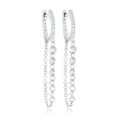 14kt white gold diamond hoop earrings with diamond dangle chain.