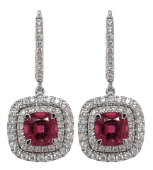 18kt white gold double halo diamond and rubelite hanging earring