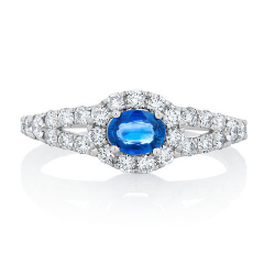 14kt white gold oval sapphire and diamond ring.