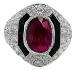 Platinum pave diamond, oval ruby and black onyx ring
