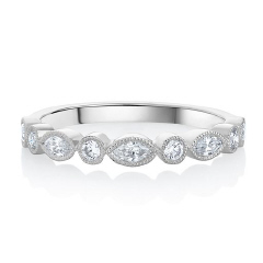 14kt white gold round and marquise diamond band with milgrain edge.