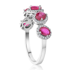 14kt white gold oval ruby and diamond halo band.