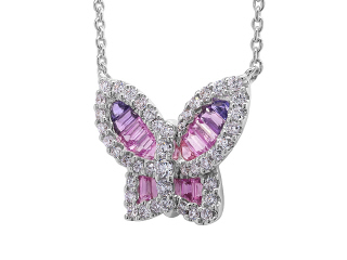 18kt white gold medium ombre sapphire and diamond butterfly pendant with chain.