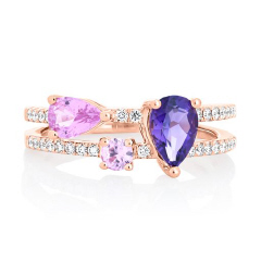14kt rose gold pink sapphire, amethyst and diamond ring