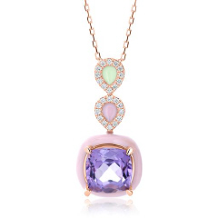 14kt Rose gold enamel, diamond and Amethyst pendant with chain