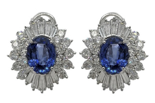 Platinum oval sapphire, round and baguette diamond earrings