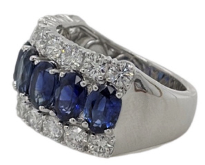 18kt white gold wide sapphire and diamond 3-row ring.