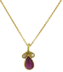 14kt yellow gold pink sapphire and diamond pendant with chain