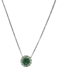 18kt white gold emerald and diamond halo pendant with chain.