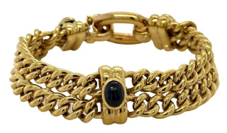 14kt yellow gold double row link bracelet with cab black onyx. 7.5"