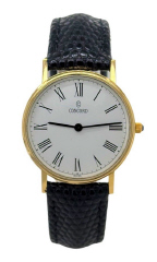 Gents 14kt yellow gold Concord watch with black leather strap.