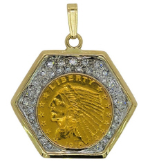 14kt yellow gold diamond pendant with 2 1/2 dollar Indian US coin.