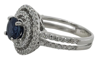18kt white gold double halo sapphire and diamond ring.