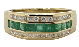 14kt yellow gold 3-row channel set emerald and diamond ring.