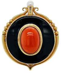 14kt yellow gold black onyx , coral and pearl pin