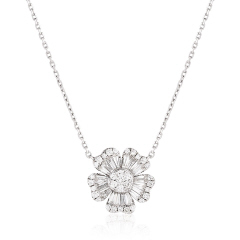 18kt white gold round and baguette diamond flower pendant with chain.