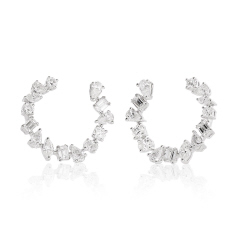 18kt white gold curved mixed shape open circle diamond earrings.
