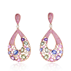 18kt rose gold hanging multi-color stone and diamond earrings.