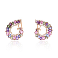 18kt rose gold curved multi-color stone and diamond earrings.
