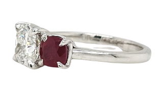 Lab Grown: 18kt white gold 3-stone ruby and lab grown diamond ring.