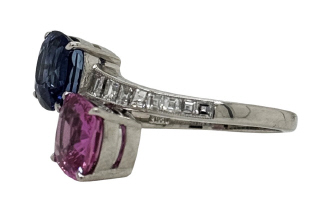 Platinum sapphire, pink sapphire and diamond bypass ring