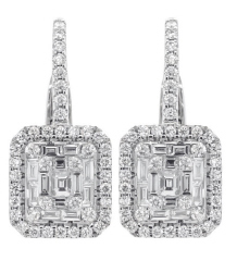 18kt white gold hanging round and baguette diamond illusion halo earrings.