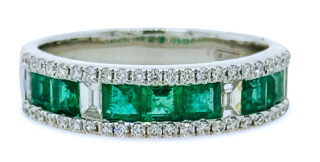 18kt white gold emerald and diamond band.