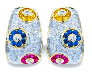 14kt yellow gold diamond, ruby and sapphire "Levian" earrings with omega backs.