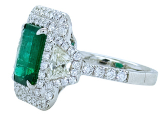 18kt white gold double halo diamond and emerald ring