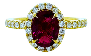 18kt yellow gold ruby and diamond halo ring