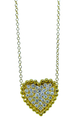 18kt yellow gold pave diamond heart pendant with beaded edge chain