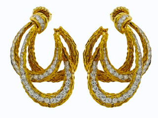 18kt yellow gold triple diamond J style hanging earrings