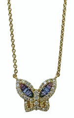 18kt yellow gold petite pastel rainbow sapphire and diamond butterfly pendant with chain.