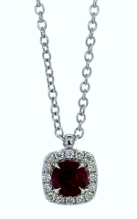 18kt white gold halo diamond and ruby pendant with chain
